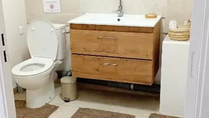 Un espace pratique et lumineux, combinant rangements, vasque en bois et équipements modernes.