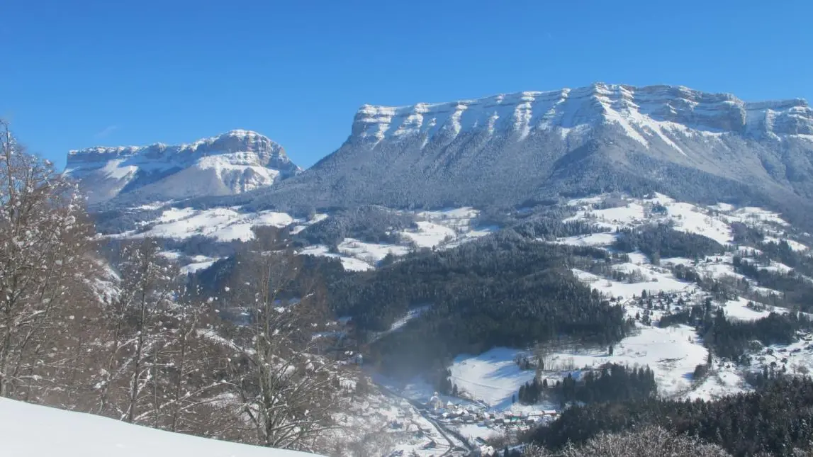 Vue sur les montagnes depuis le château en hiver