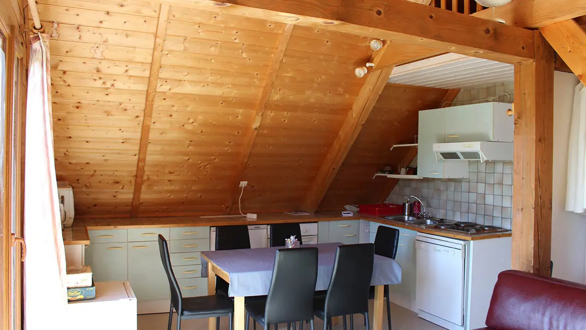 Séjour lumineux sous combles avec table à manger, cuisine, canapé, porte-fenêtre, ameublement bois