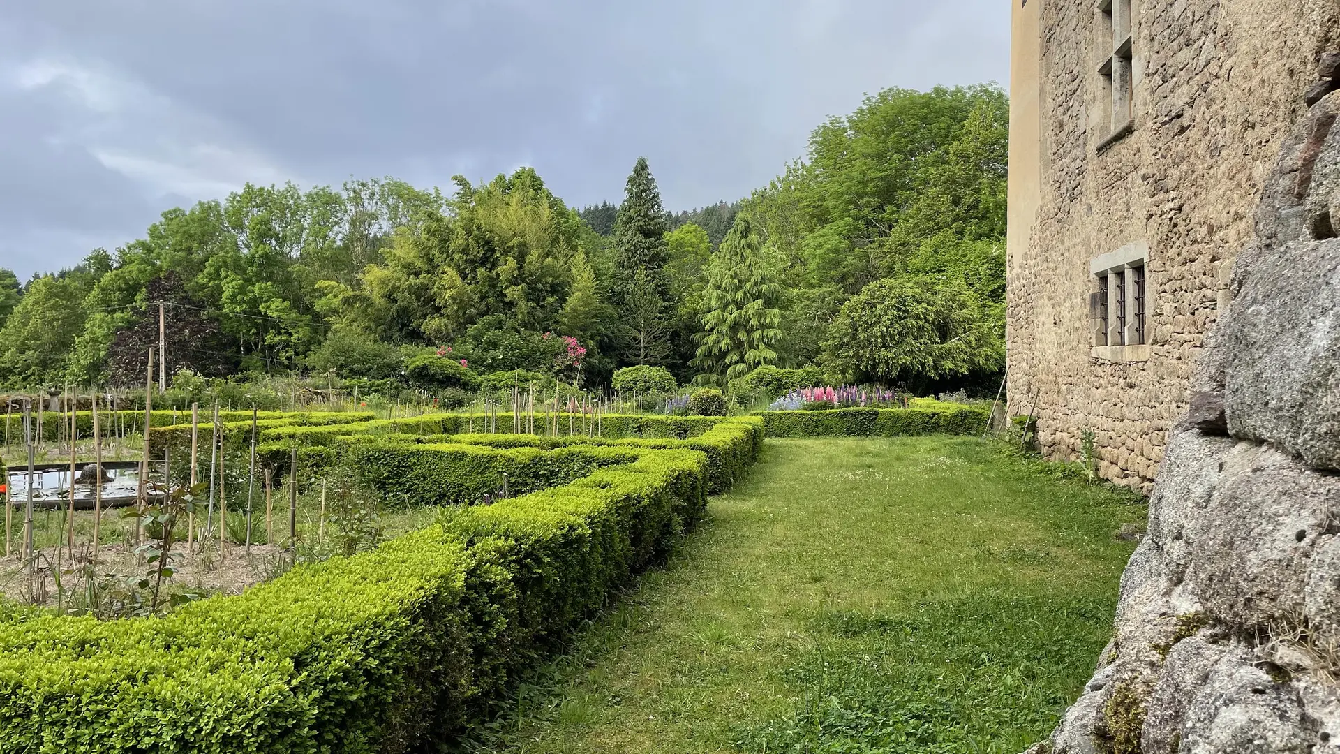 Au printemps, le vert fluo des buis contraste avec le gris acier du ciel