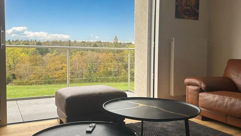 Salon au 1ère étage Villa Marceau, avec accès sur le balcon et vue sur la nature;  grande baie vitrée avec ouverture complète