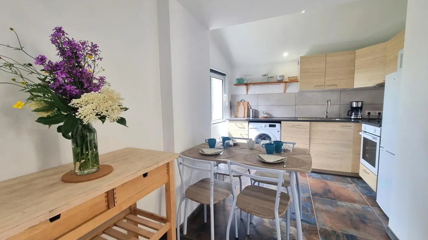 Cuisine intégrée avec espace repas.