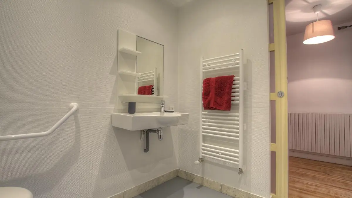 Salle d'eau privative à la chambre accessible aux personnes à mobilité réduite. Chambre au RDC.
