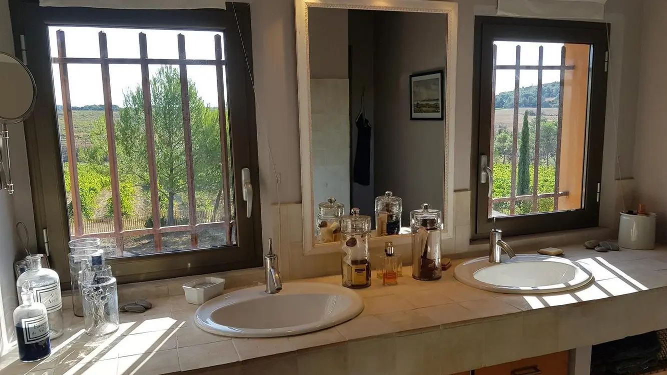 Salle de bain, les vasques et vue au levant