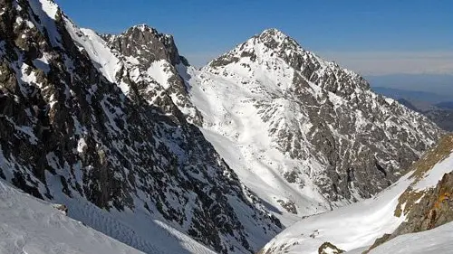 Le col de Fenestre (2462 m), et la cime du Lombard (2842 m), à la fin de l'hiver.