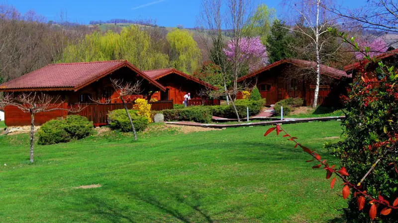 Plusieurs chalets en bois, aux toits en tuiles rouges, sont disposés sur un terrain verdoyant, entourés d'arbres.