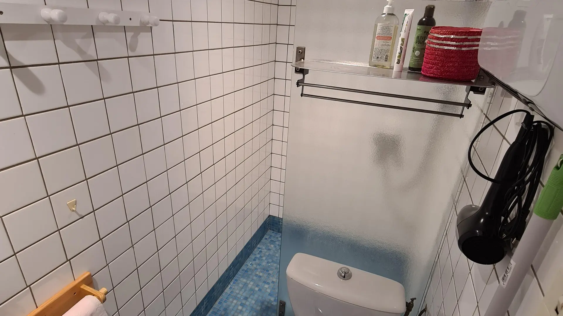 Cette salle d’eau est équipée d'un WC, d'un lavabo, d’une douche et d'étagères murales. Les murs sont carrelés de blanc et le sol est bleu.