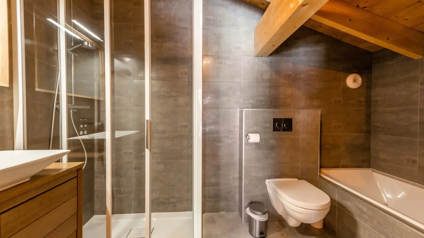 Salle de bains avec douche et baignoire, toilettes et vasque
