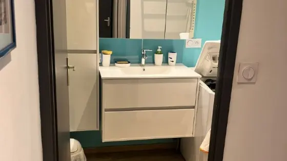 Une salle de bain avec un sol en parquet flottant, un mur de couleur turquoise, un lavabo blanc avec des tiroirs, un miroir et une machine à laver avec ouverture sur le dessus sur la droite.