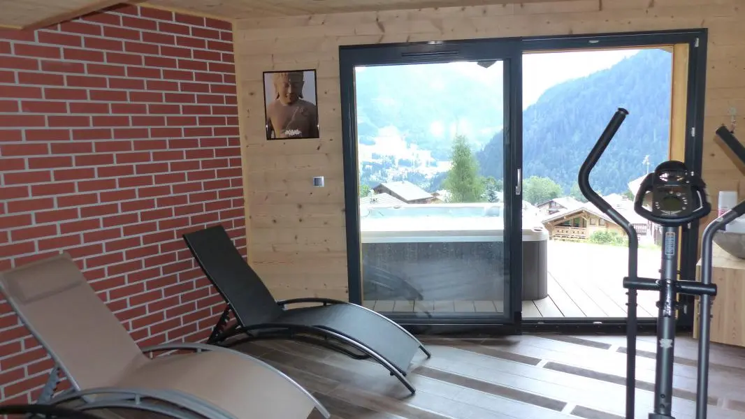Salle détente : douche, vélo, accès à la terrasse avec le Jacuzzi exterieur