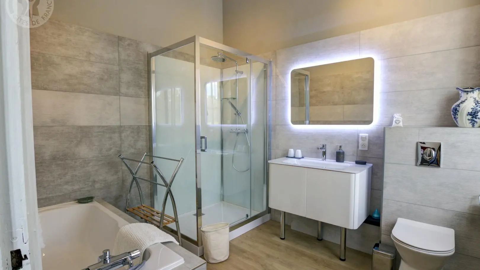 salle de bain chambre libellule avec douche, baignoire et WC.