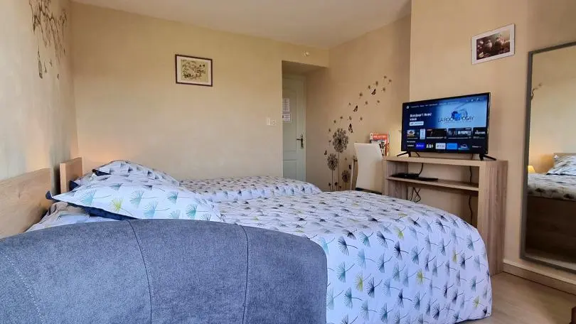 La chambre Les Pinsons se compose de deux lits 90x190 et d'une salle d'eau privative située en face, sur le palier. La salle d'eau étant sur le palier, des peignoirs et chaussons sont mis à votre disposition.