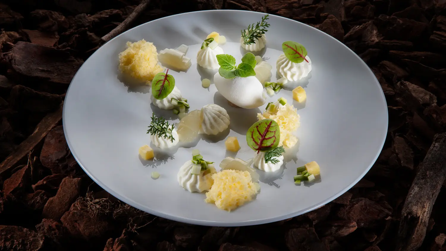 L’alliance de l’asperge verte de Laurent Dumas et du yuzu, asperges glacées et marinées, yuzu crémeux et moelleux