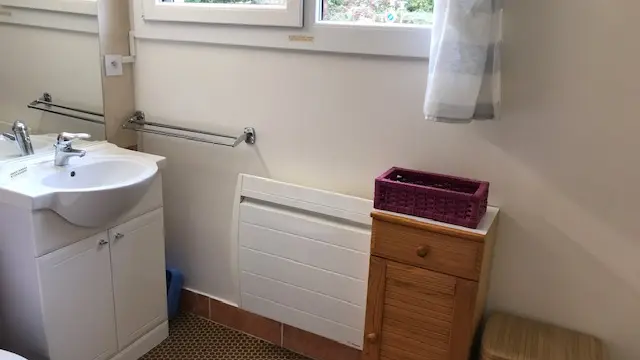 C'est une salle de bains de taille moyenne avec un lavabo, un miroir, des toilettes, un petit meuble de rangement et un panier à linge.