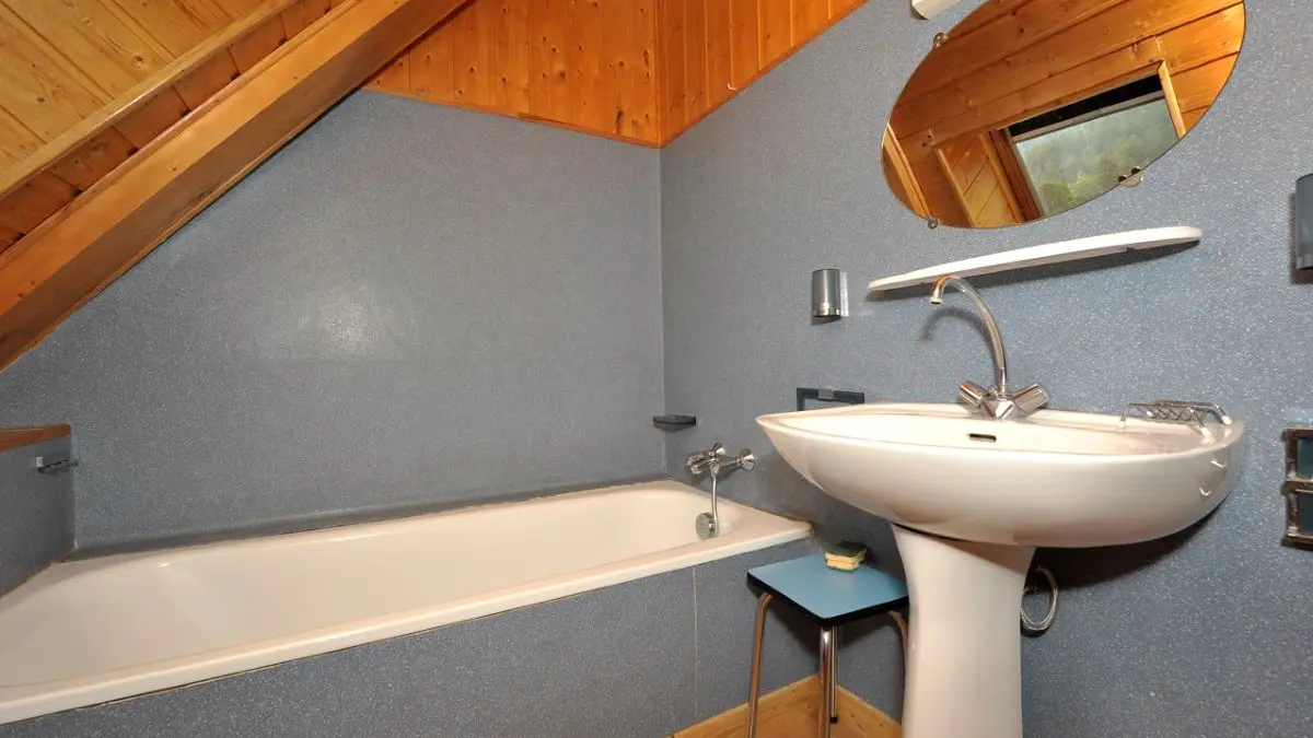 Bathroom with bathtub, sink, mirror, and wood interior