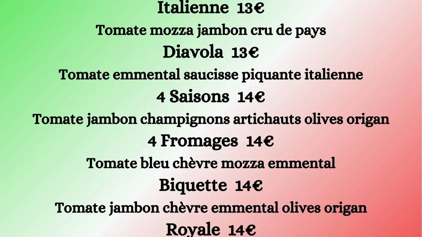 Menu des pizzas à La casetta
