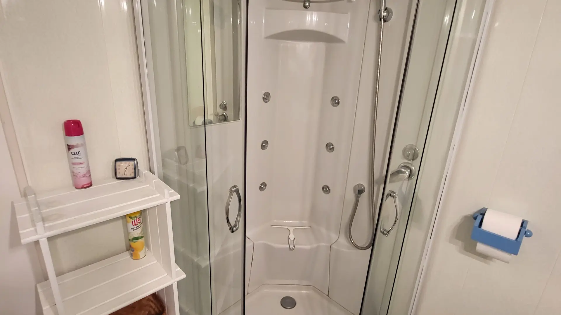 Cette salle de bain est équipée d'une douche avec un espace pour s'asseoir et de toilettes.