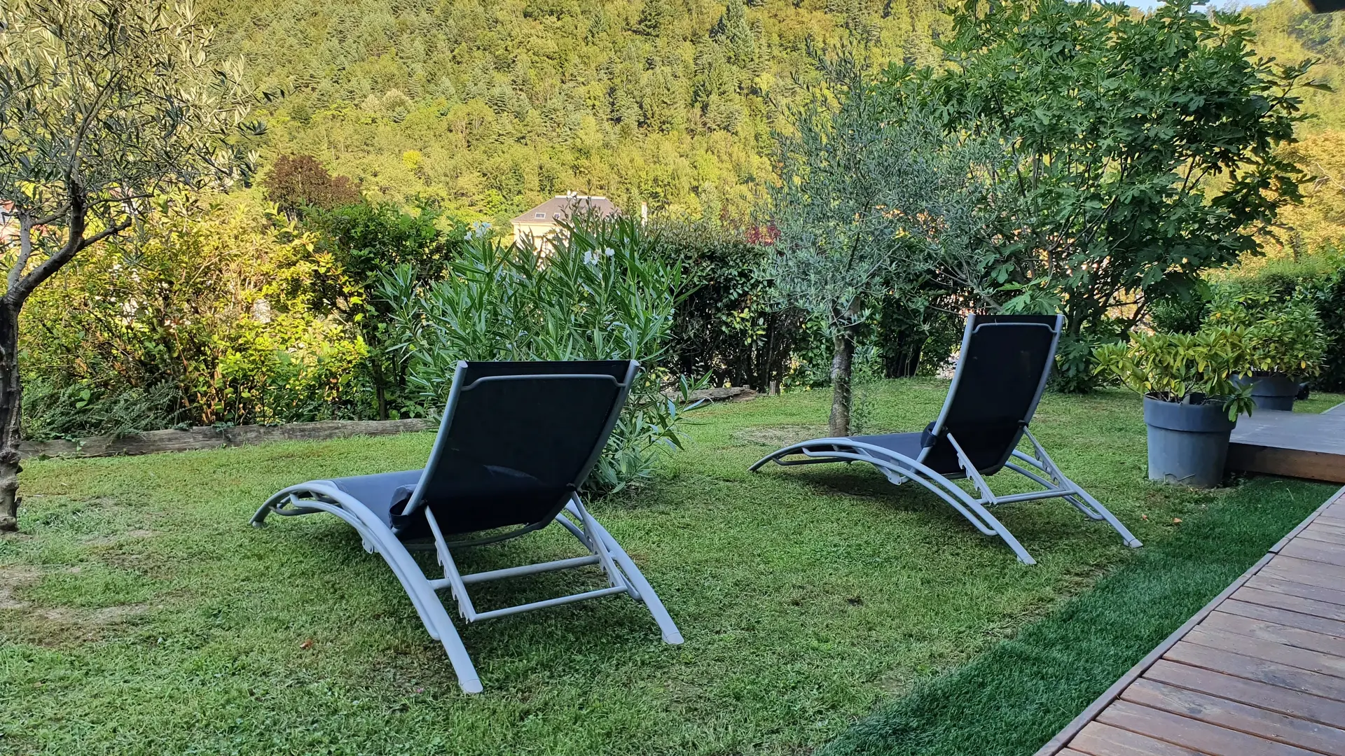 Cet espace est un jardin avec une terrasse en bois avec deux transats.