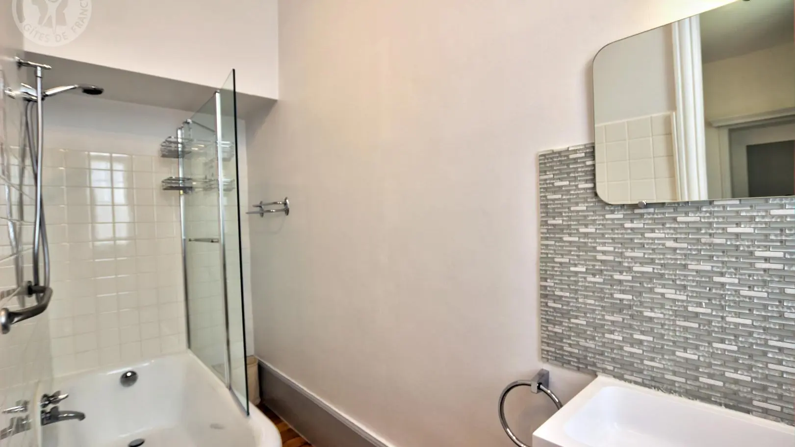salle de bain avec baignoire et wc sanibroyeur.