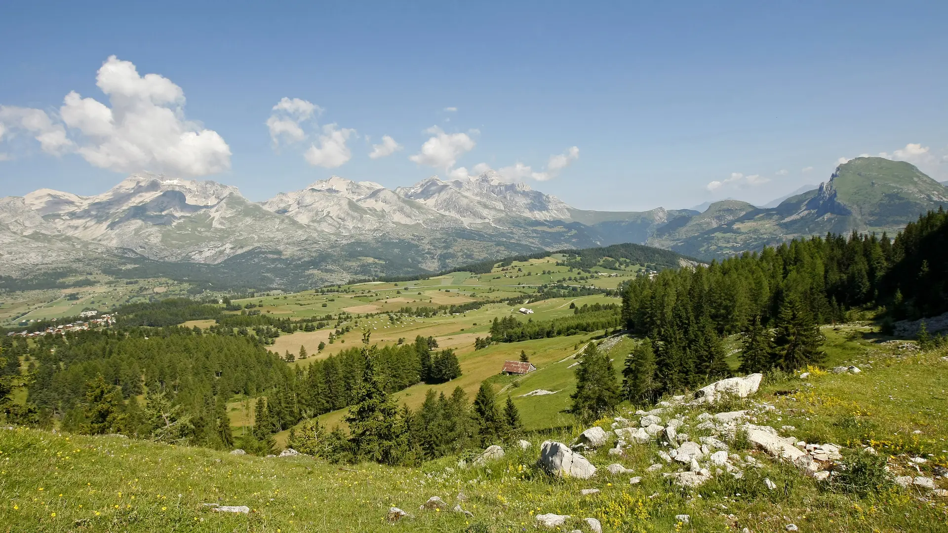 Vue panoramique depuis le Collet du Tat sur le circuit VTT du Tour du Dévoluy, Dévoluy, Hautes-Alpes