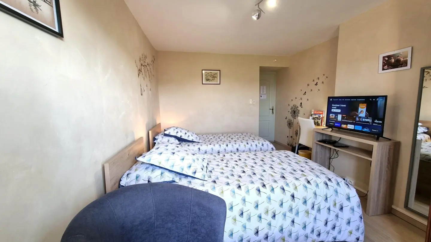 La chambre Les Pinsons se compose de deux lits 90x190 et d'une salle d'eau privative située en face, sur le palier. La salle d'eau étant sur le palier, des peignoirs et chaussons sont mis à votre disposition.