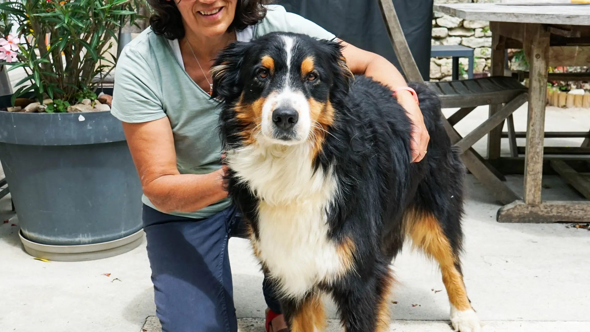 Présentation de la gérante rétaise de gènes et de coeur, Marie M avec Lalie, adorable berger australien de 6 ans, toujours heureuse de recevoir des carresses des hôtes à séjourner aux Fillattes