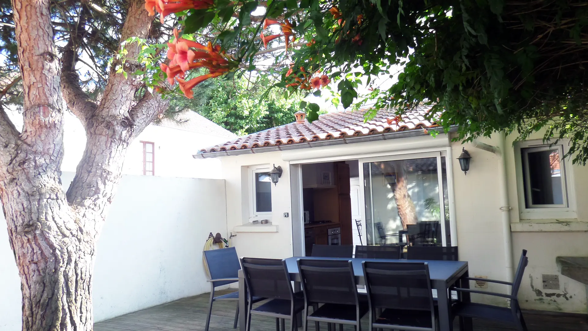 vue sur terrasse et maison