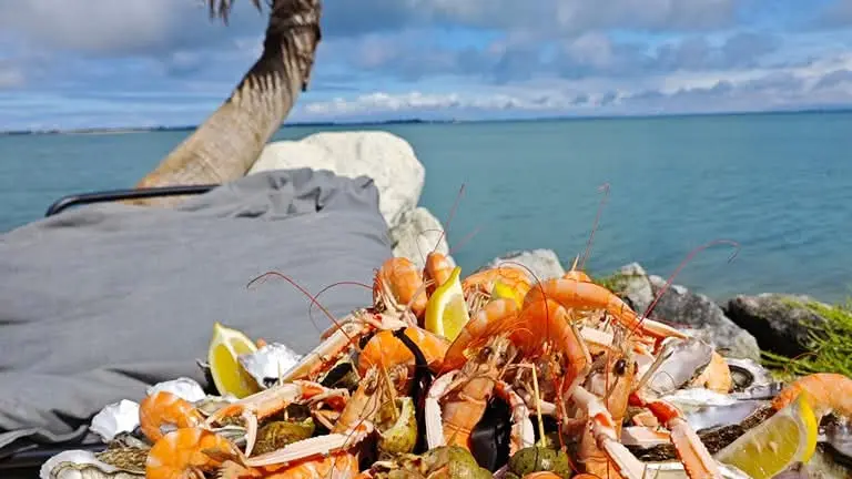 Assiette avec crevettes, huîtres, langoustines.