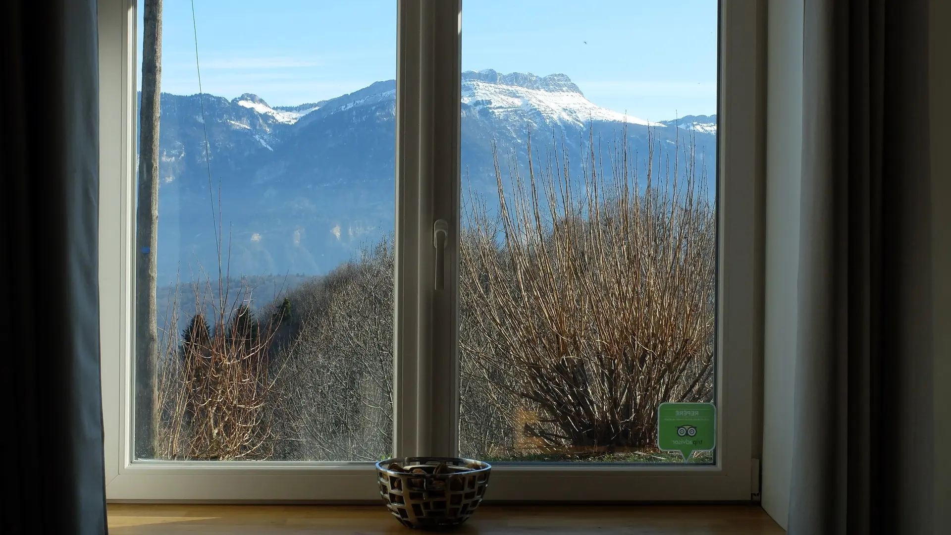 Depuis l'intérieur du gîte, une fenêtre offre une vue magistrale sur des arbres au soleil et une montagne au loin.