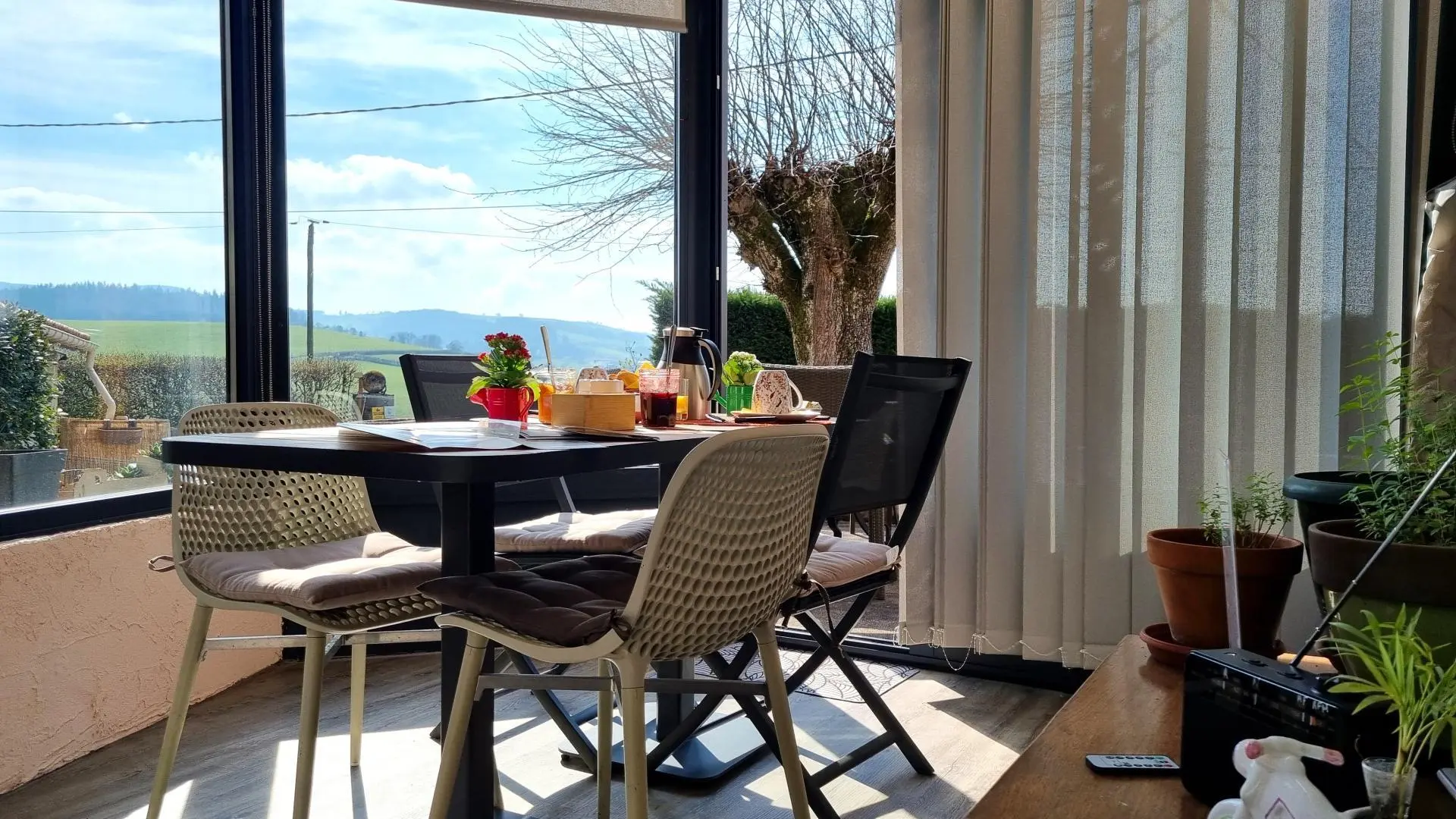 Petit-déjeuner sous la véranda.