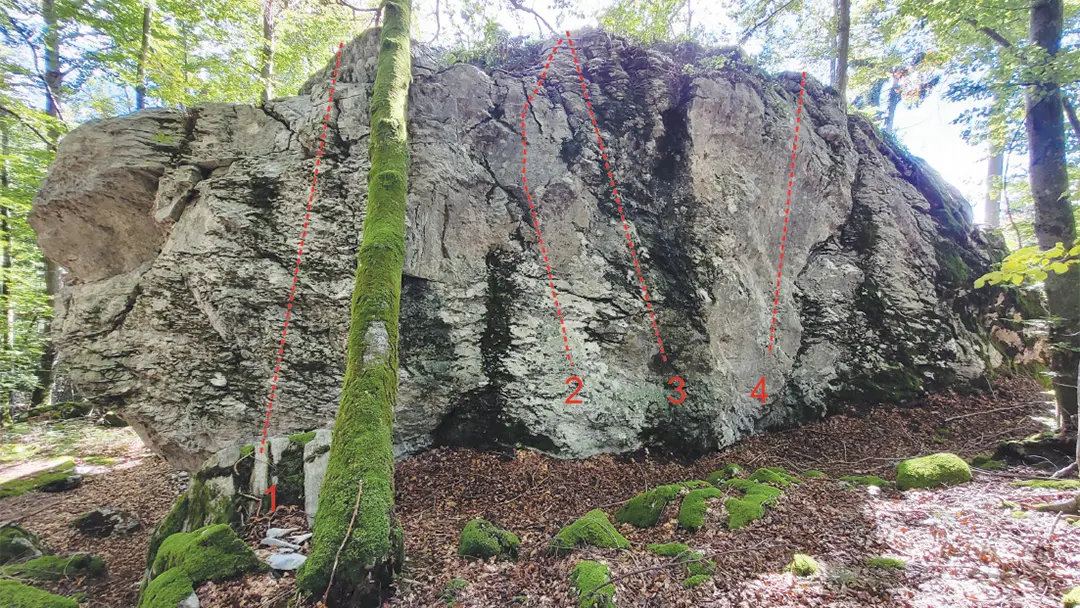 Bloc du bas (face Nord)  1/ L’alpage 5b 2/ Le terrier 5b 3/ Marmottons 5b 4/ Crystal surprise 6a Relais en haut des voies / 2 passages possibles à droite sur arbre avec sangle, pas nettoyer, pas de relais