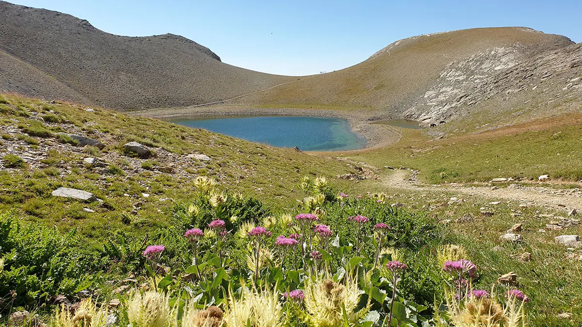 Lac des Garrets, a body of water nestled in the hollow of a headland, surrounded by vegetation, flowers and a dirt path