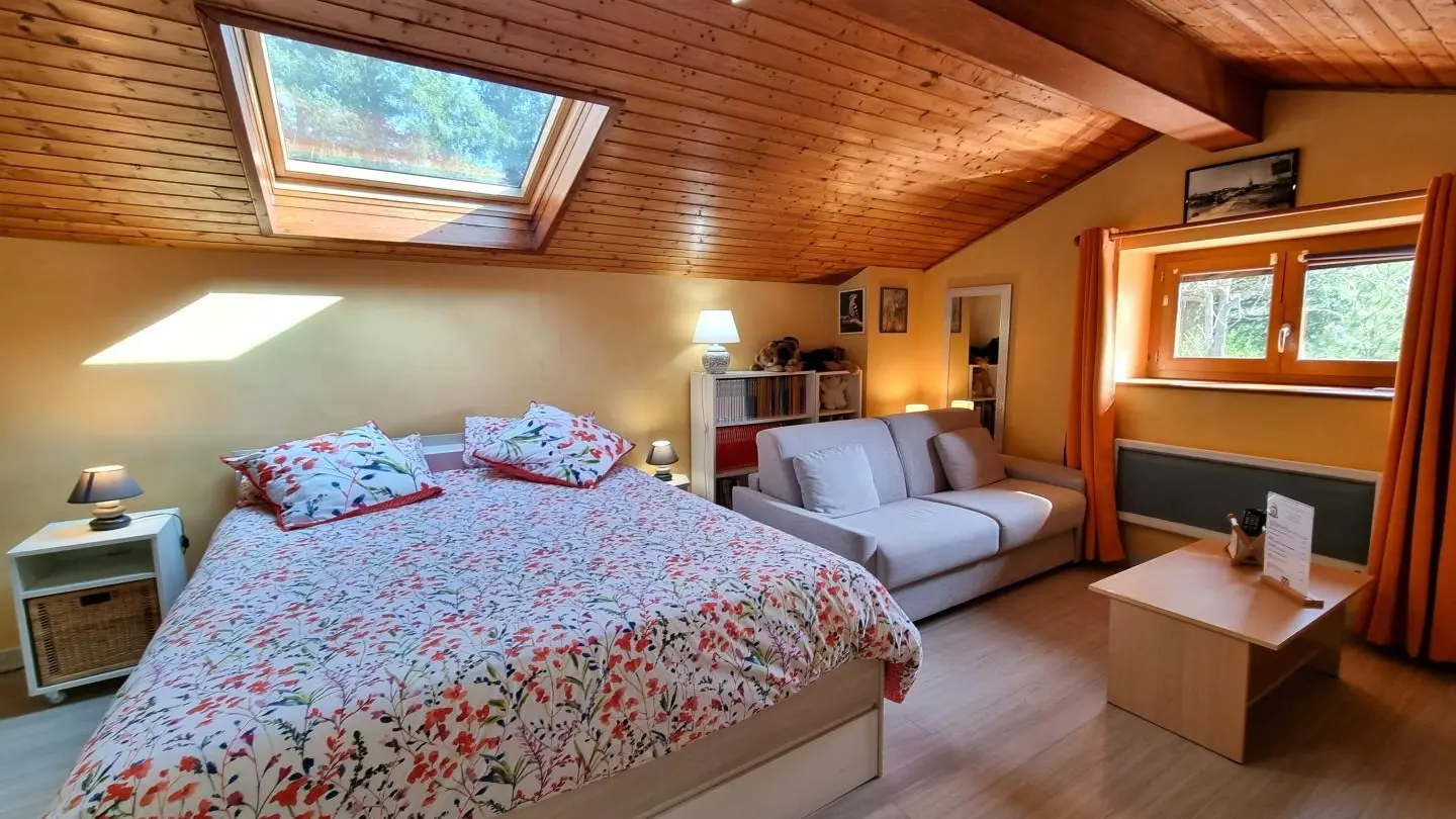 La chambre Les Mésanges se  compose d'un lit 160x200cm et d'une salle d'eau attenante et privative. Un canapé-lit 140x180 est mis à disposition pour offrir un couchage d'appoint sur réservation.