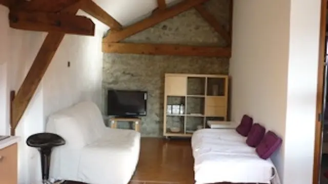 Un espace salon avec un mur en pierres apparente. Il y a un canapé et un meuble de rangement sur la gauche, un autre canapé sur la droite, et une télévision sur un meuble bas devant le mur en pierres. On voit aussi des poutres apparentes au plafond.