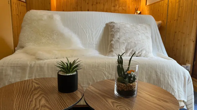Living room with sofa and two coffee table, wood paneling wall