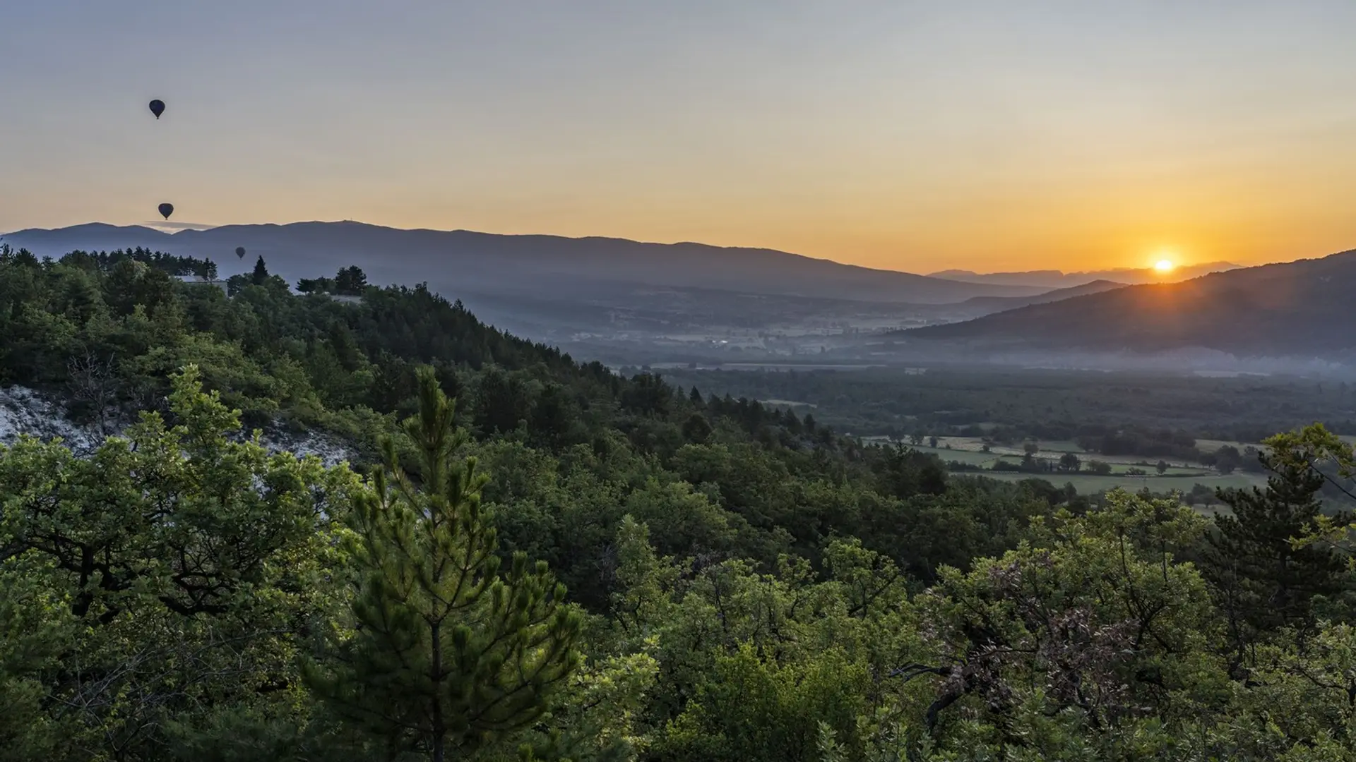 Montgolfières au levé du jour depuis les hauteurs de Limans
