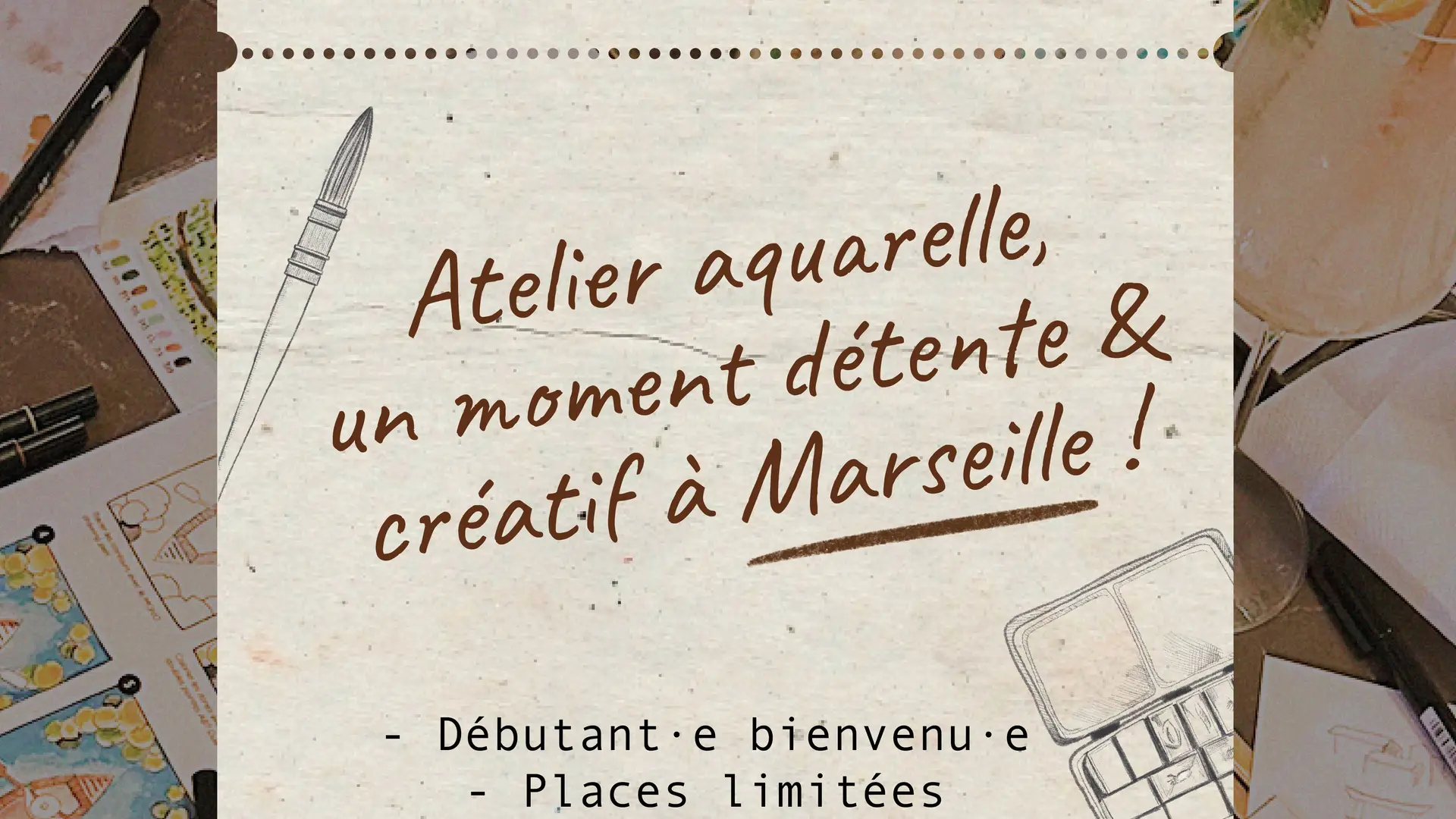 Atelier aquarelle convivial à Marseille : moment détente et créativité dans une ambiance décontractée. Débutants bienvenus, places limitées, boisson offerte. Sessions régulières en semaine et week-end. Paint bar, ateliers en plein air ou café aquarelle : vivez une parenthèse créative inoubliable. Inscription sur ateliermanonaubin.fr
