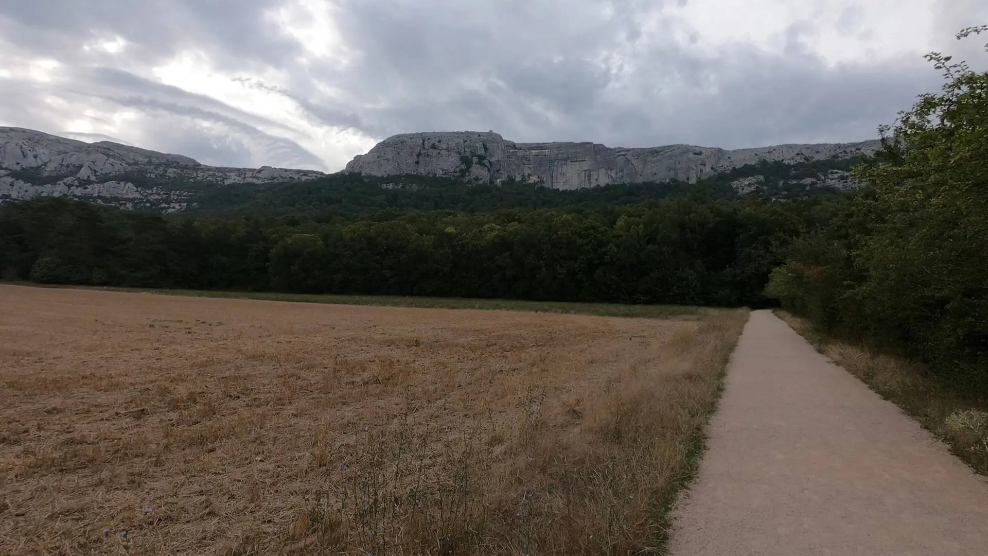 Panaroma sur le massif avec de la végétation au pied et une partie supérieure rocheuse