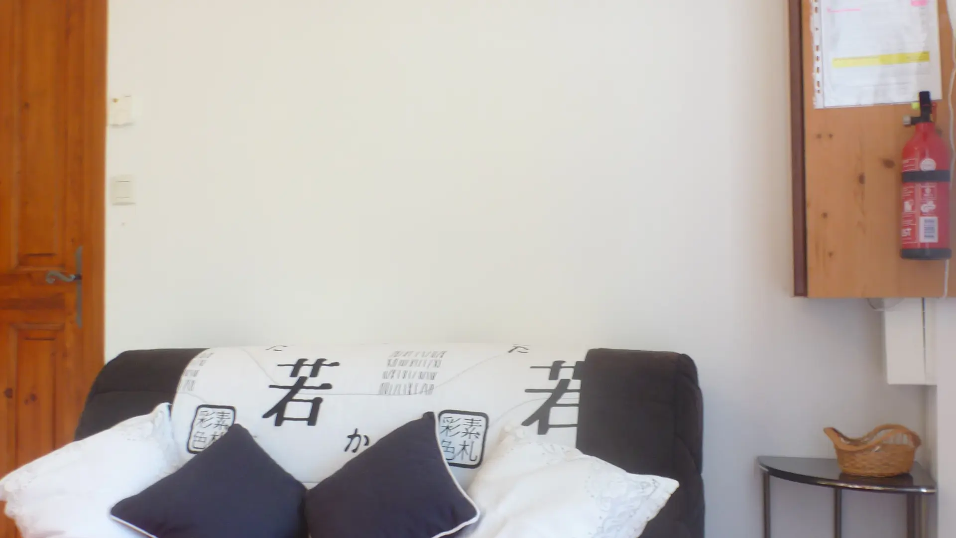 La pièce à vivre est aménagée avec un canapé BZ.