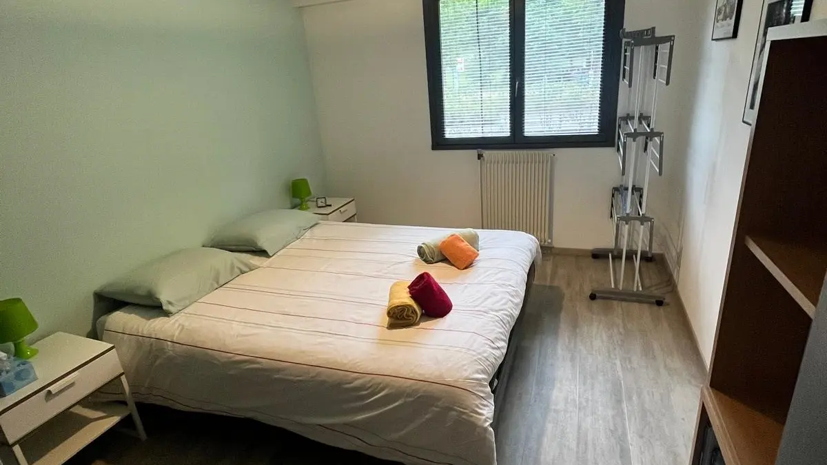 C'est une photo d'une chambre à coucher avec un grand lit au centre, des murs clairs, une fenêtre à l'arrière, un sol en parquet et un luminaire au plafond.