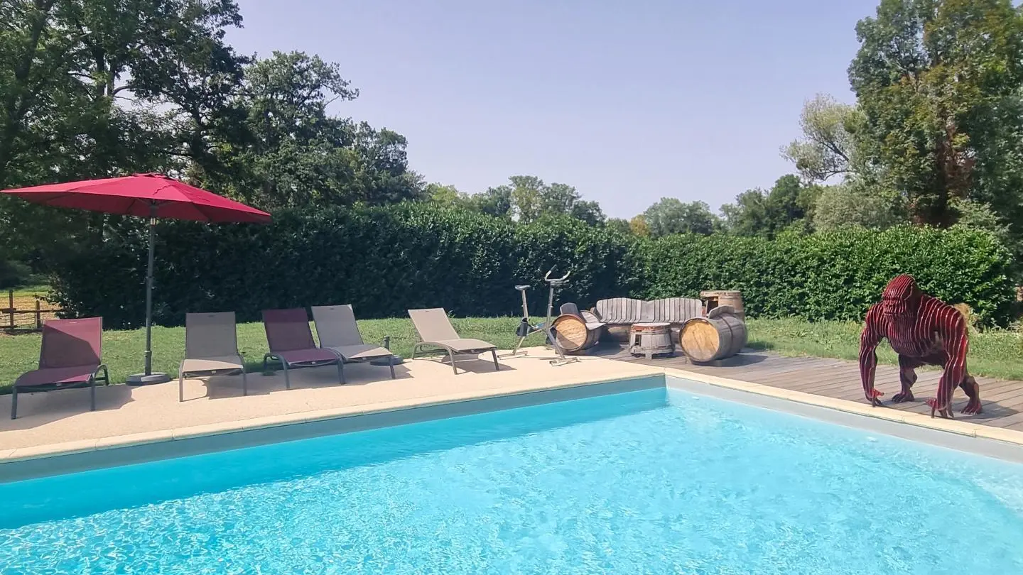 Piscine commune avec les hébergements insolite & le gite : bain de soleil, parasols, salon de jardin, ...