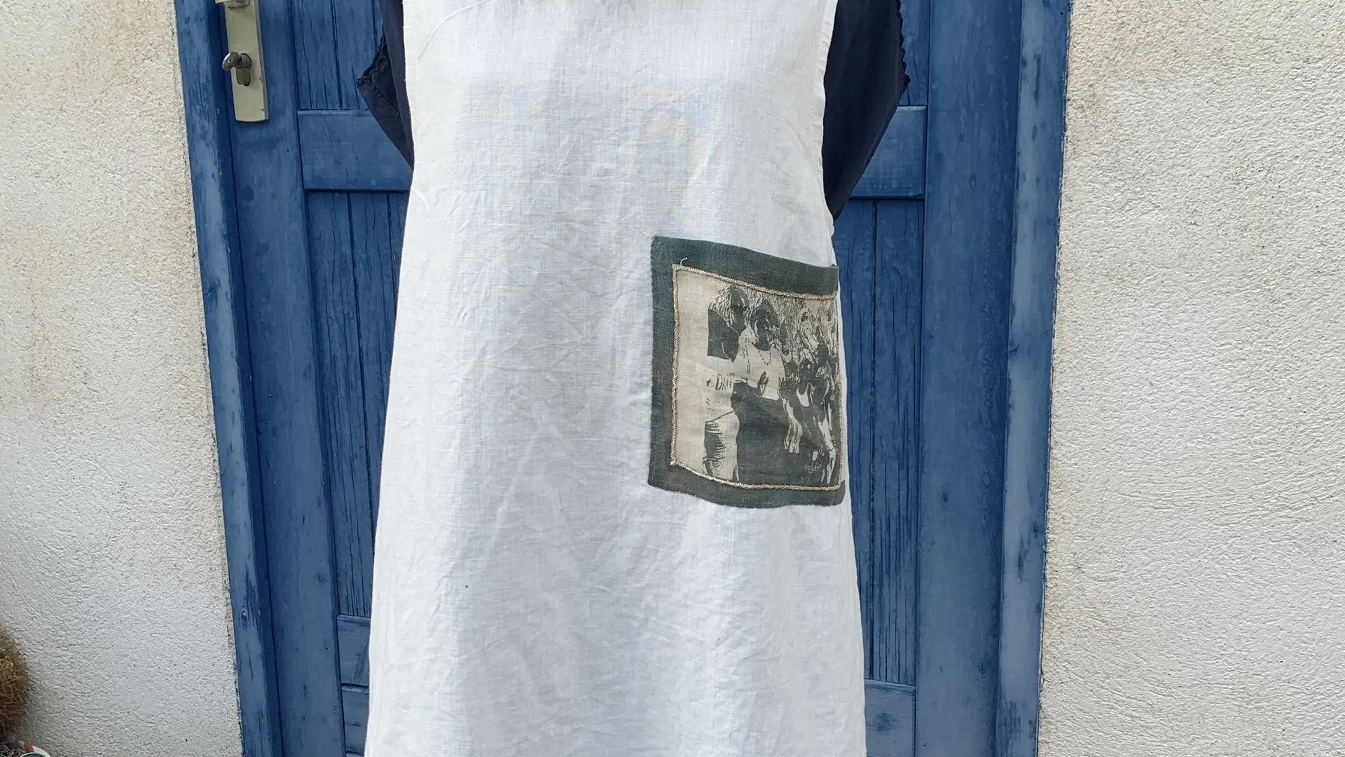 Tablier japonais lin et poche cyanotype