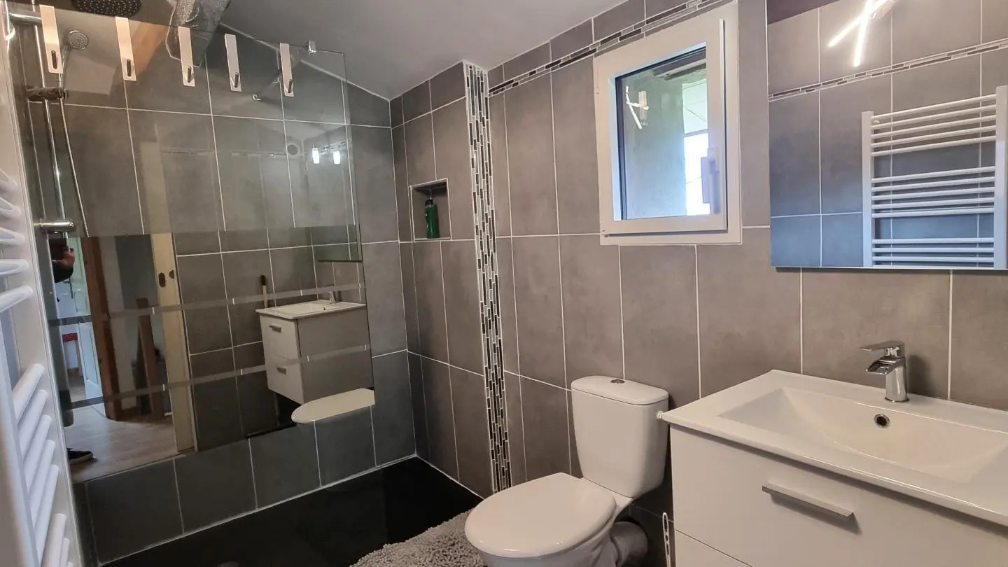 Salle d'eau : douche - vasque & WC.