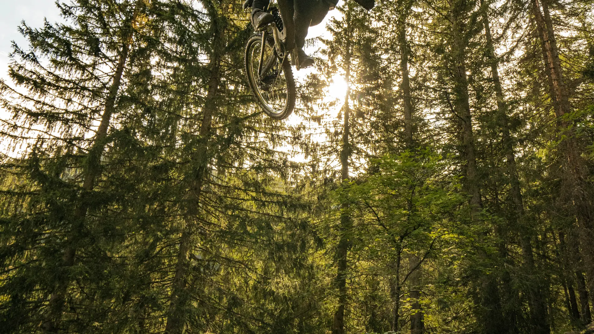 Vététiste faisant une figure sur la piste Ric et Rac du Bike Park de Châtel