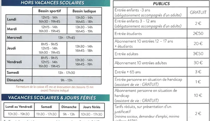 horaires et tarifs