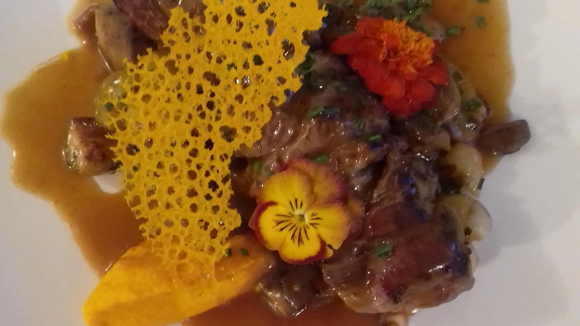 Nous avons une brochette de viande sur un lit de champignons  et sa dentelle de légume et fleurs comestibles.
