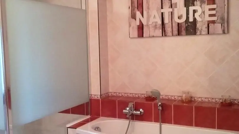 Salle de bains avec douche et baignoire.