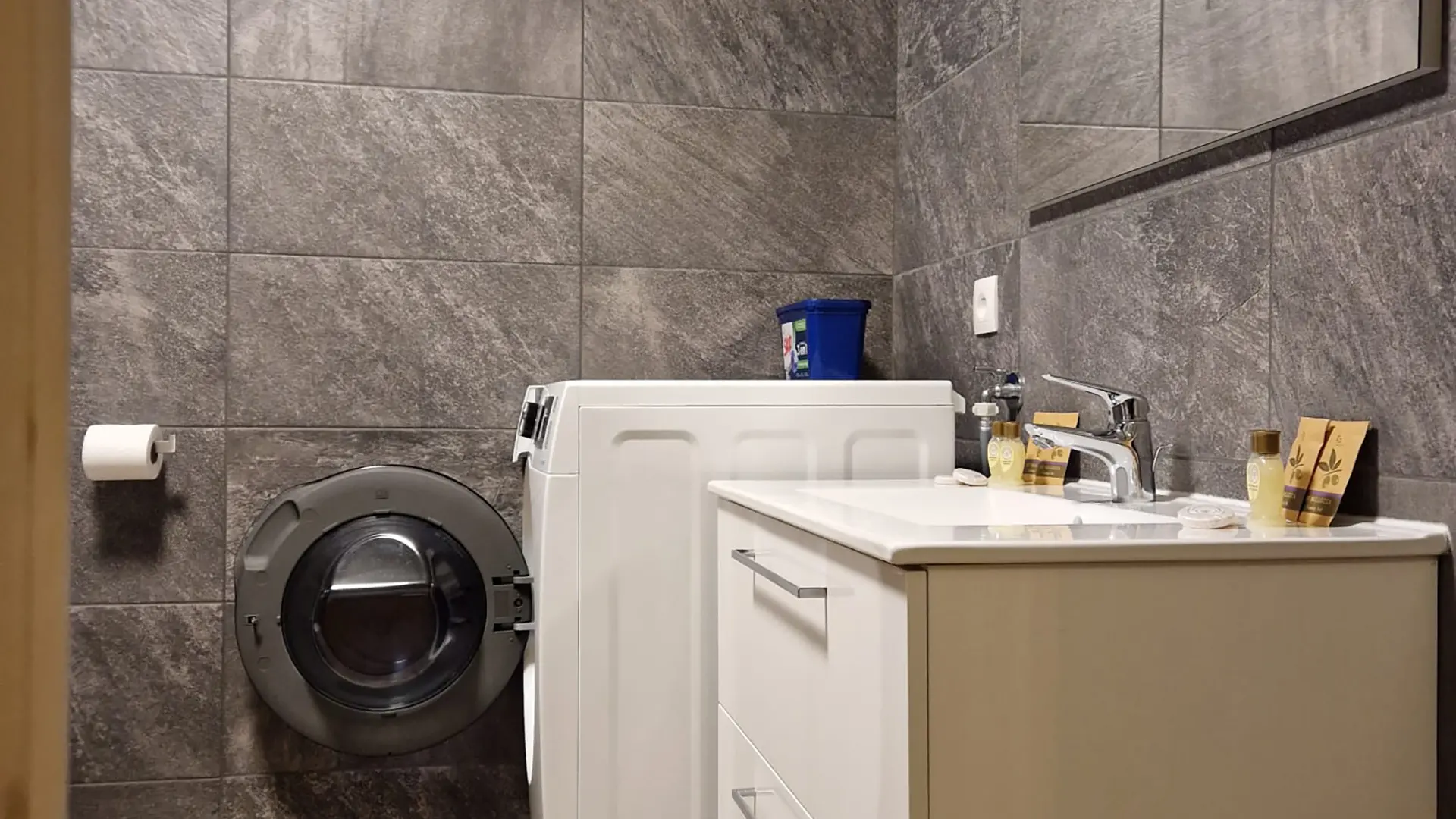 Vasque avec son meuble, lave-linge, grand miroir