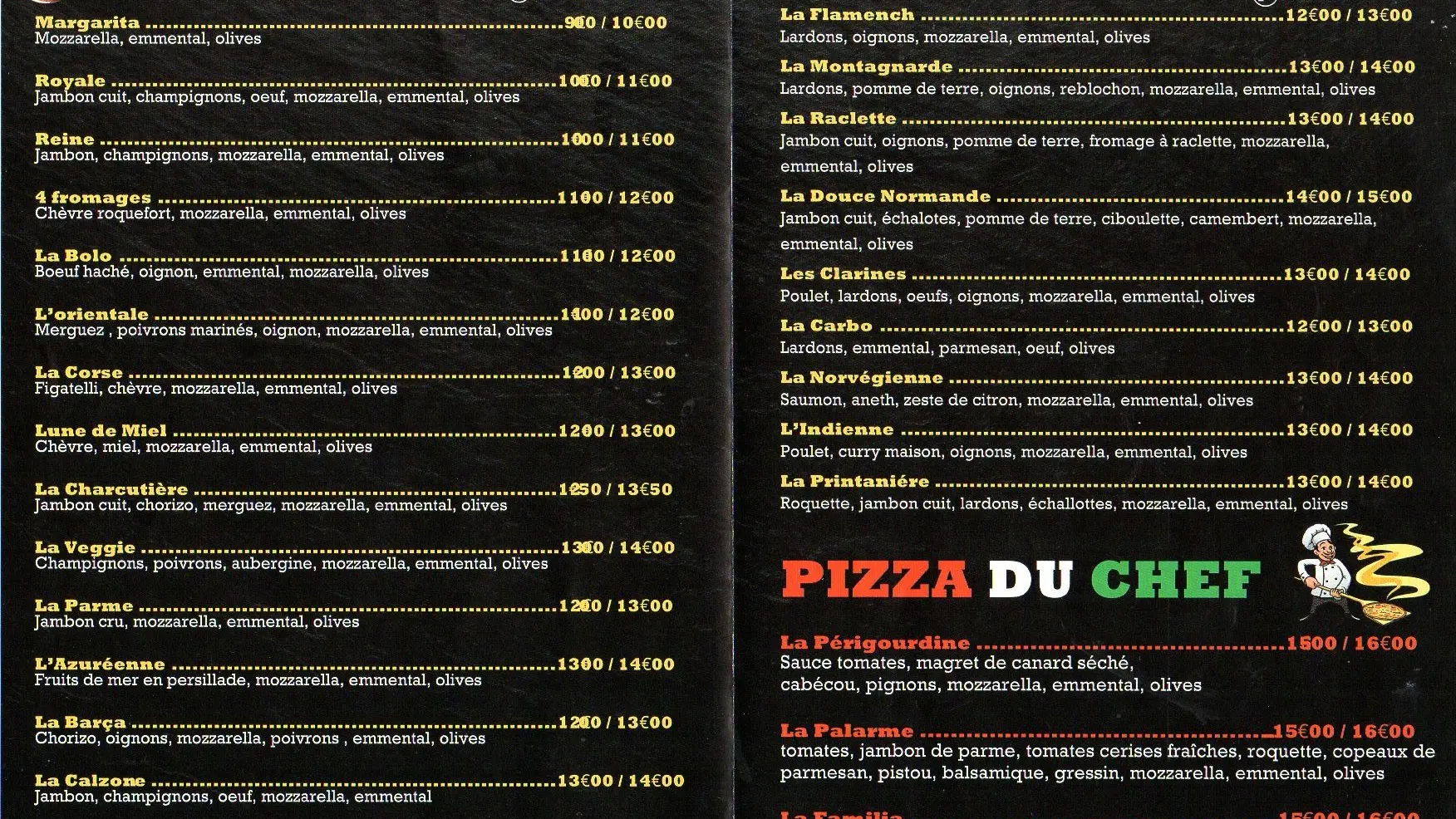 Carte pizzas