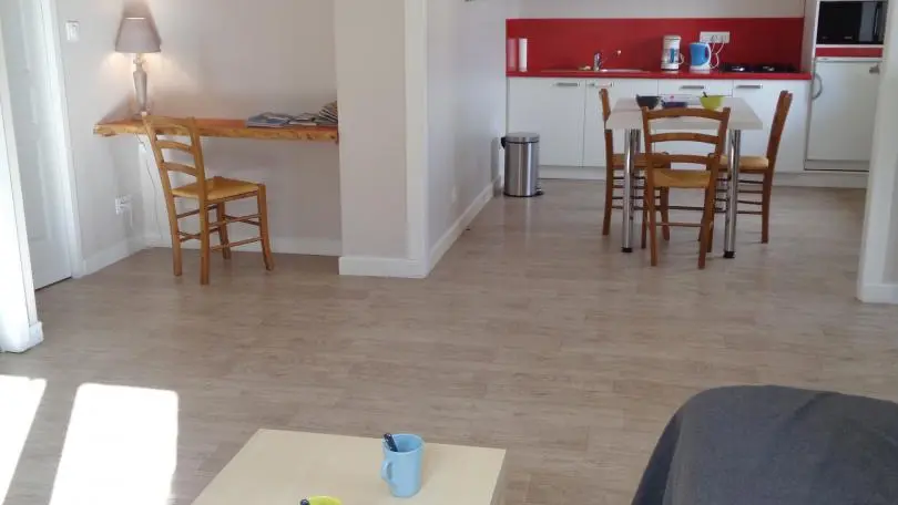 Pièce à vivre, cuisine équipée ouverte sur le salon.